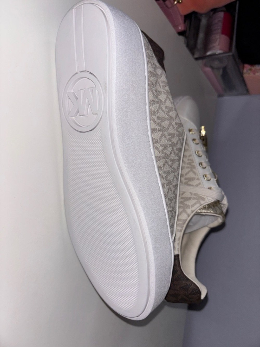 Michael Kors White Sneakers with Gold MK Hardware - Picture 3 of 3